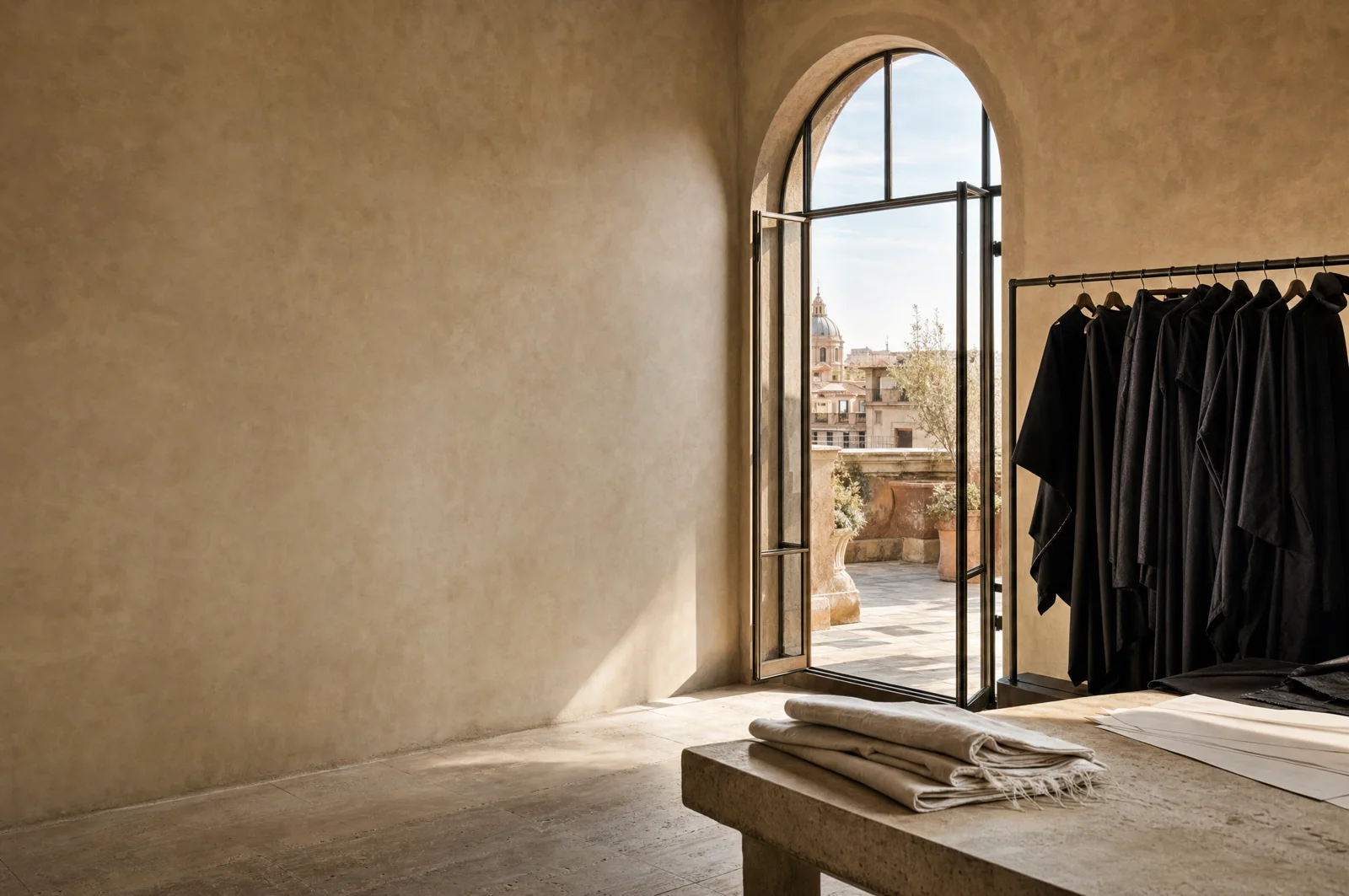 Illustrative fashion atelier with black garments and an open terrace overlooking Rome